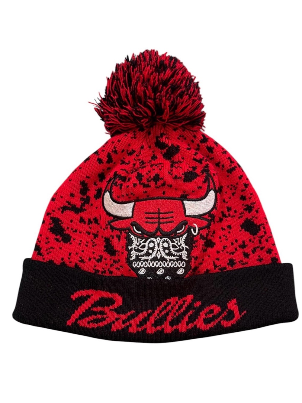 Chicago Bulls Red & Black Pom Pom Knit Beanie Hat Bandana Bull Logo NBA Winter